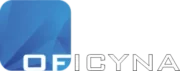 Logo Oficyna S.C., niebieski geometryczny kształt z nowoczesnym napisem w tle.