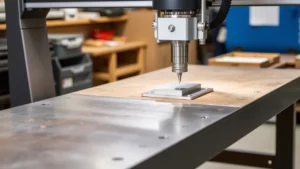 Maszyna CNC tnąca metalową część na stole warsztatowym.